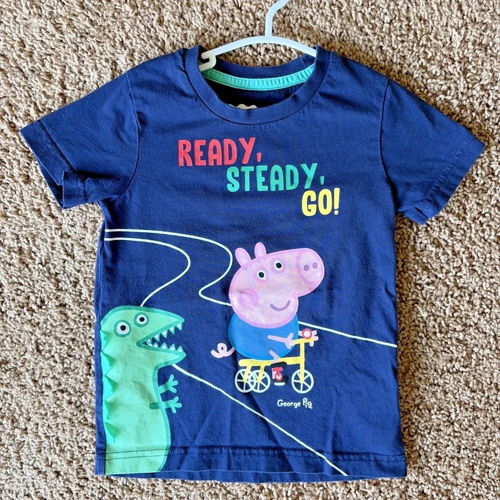 Peppa Pig Navy Blue George Dinosaur READY STEADY GO Graphic Tee T-Shirt Boy 4Y 4